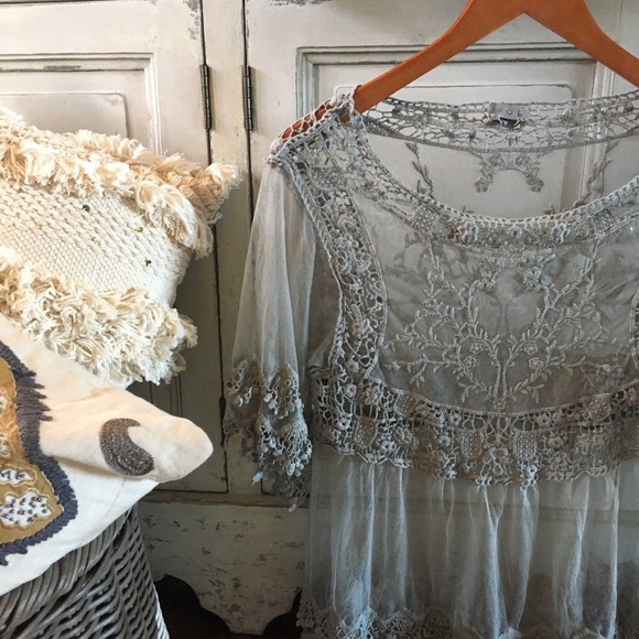 Last One! Lace Crochet Sage Festival Boho Blouse - Picture 3 of 4